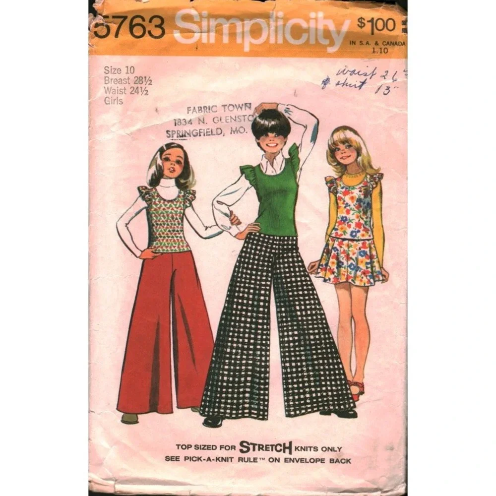 Vintage Simplicity 5763 Girl Top Skirt Wide Leg Pants Sewing Pattern Size 10 CUT